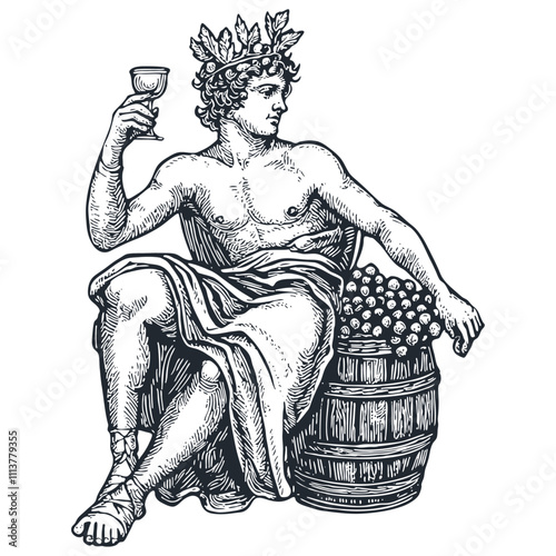 Bacchus with a wine glass and barrel, engraving style, vector illustration.