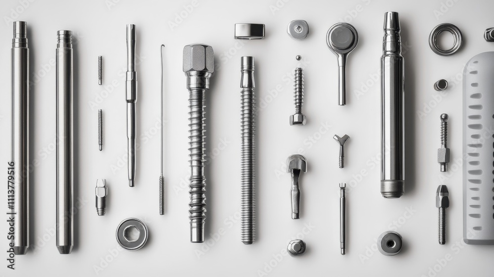 Various Metal Tools and Components on White Background Various Metal Tools and Components on White Background