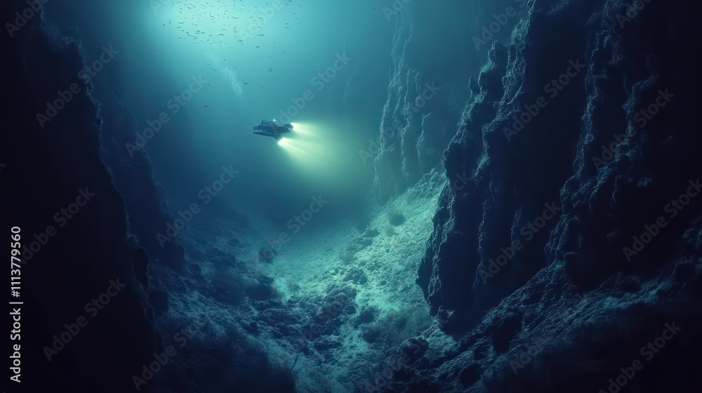 Obraz premium A deep sea exploration scene, with a lone submersible drifting near an underwater mountain range