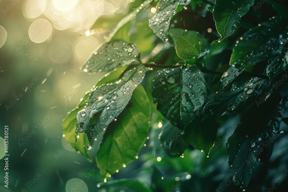 Morning dew on leaves  natures beauty in green tones.