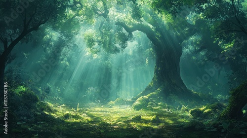 Wallpaper Mural mystical forest bathed in soft sunlight, with towering ancient trees and thick green foliage Torontodigital.ca