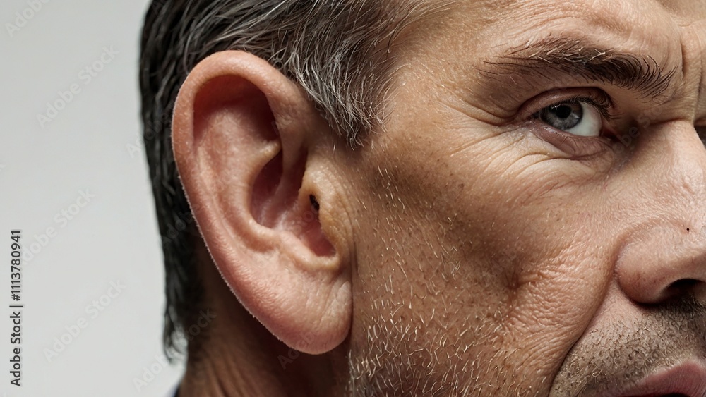 Fototapeta premium lose_up_view_of_a_mans_ear_on_white_backgroun