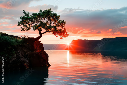 A tree is standing on a rock near a body of water