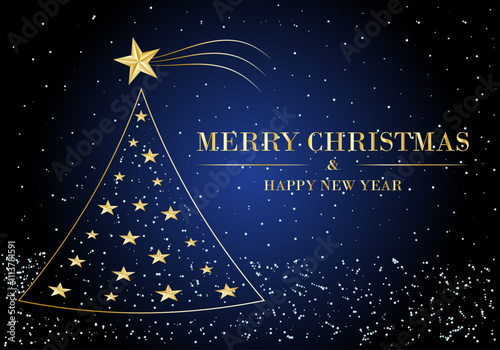 Felicitación navideña con árbol de Navidad y texto en dorado sobre fondo degradado azul negro. Xmas. Postal navideña	