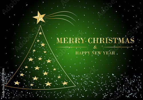Felicitación navideña con árbol de Navidad y texto en dorado sobre fondo degradado verde negro. Xmas. Postal navideña	