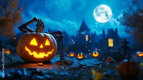 Jack Oâ€™ Lantern On Skeleton Arms In Graveyard At Night - Halloween With Full Moon - Contain 3d Illustration photo