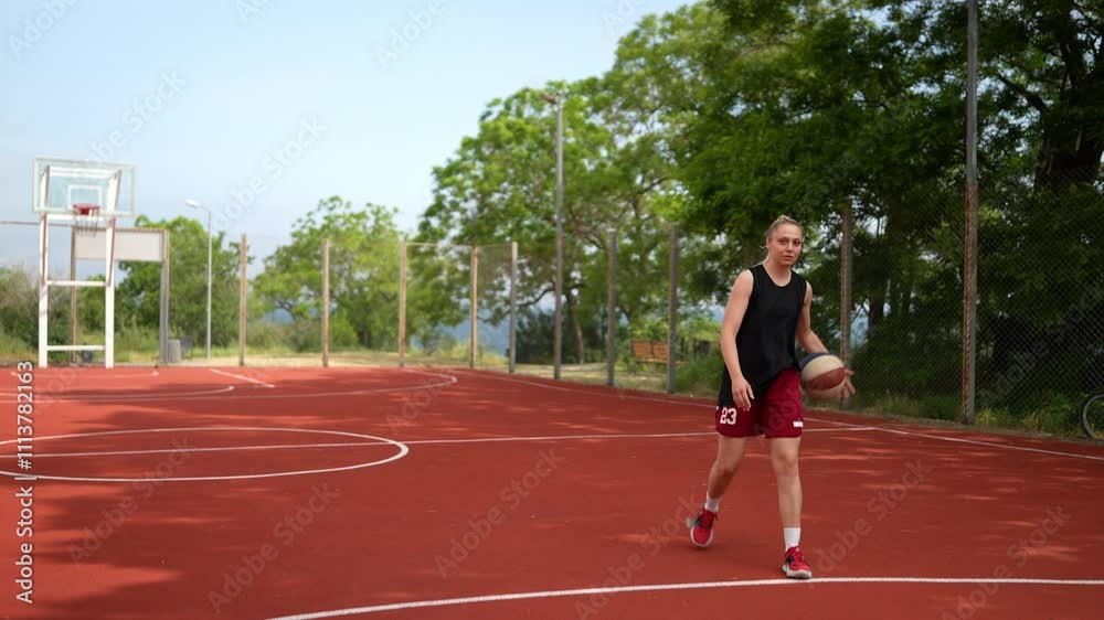 Portrait of a happy blonde basketball player girl in a sports summer uniform who dribbles the ball and prepares to play basketball on a sports orange summer court Portrait of a happy blonde basketball player girl in a sports summer uniform who dribbles the ball and prepares to play basketball on a sports orange summer court