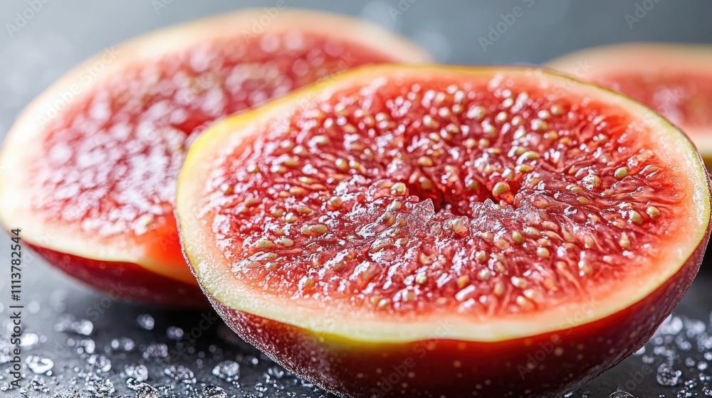 Freshly Cut Figs with Juicy Red Flesh and Tiny Seeds on Dark Surface, Perfect for Culinary Use, Health Concepts, or Natural Food Photography Freshly Cut Figs with Juicy Red Flesh and Tiny Seeds on Dark Surface, Perfect for Culinary Use, Health Concepts, or Natural Food Photography