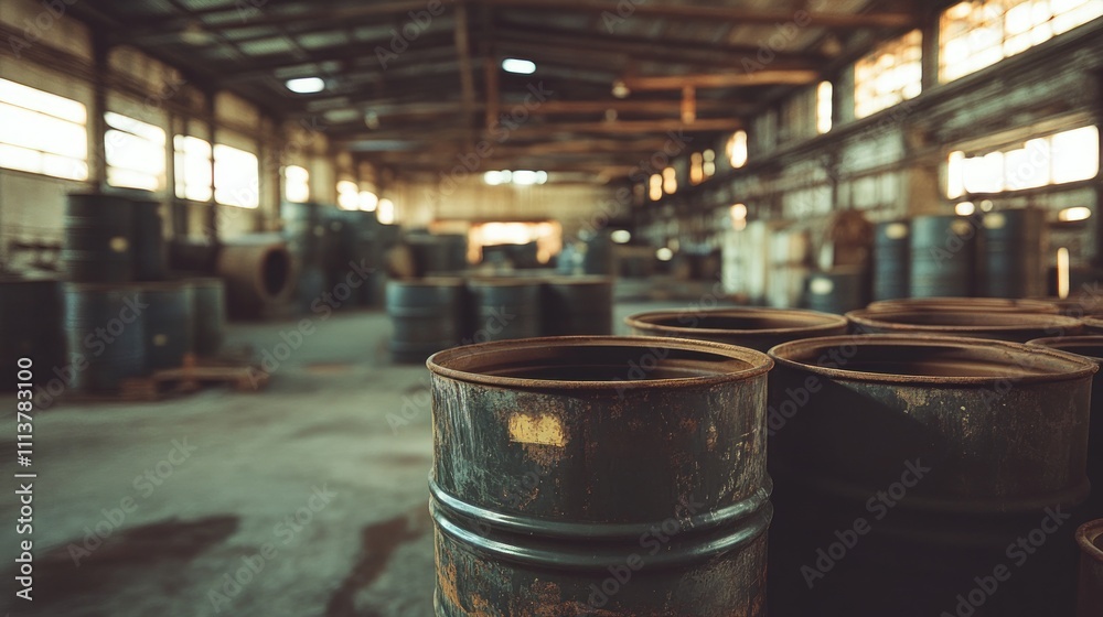 Rusted Barrels in a Large Industrial Warehouse Rusted Barrels in a Large Industrial Warehouse