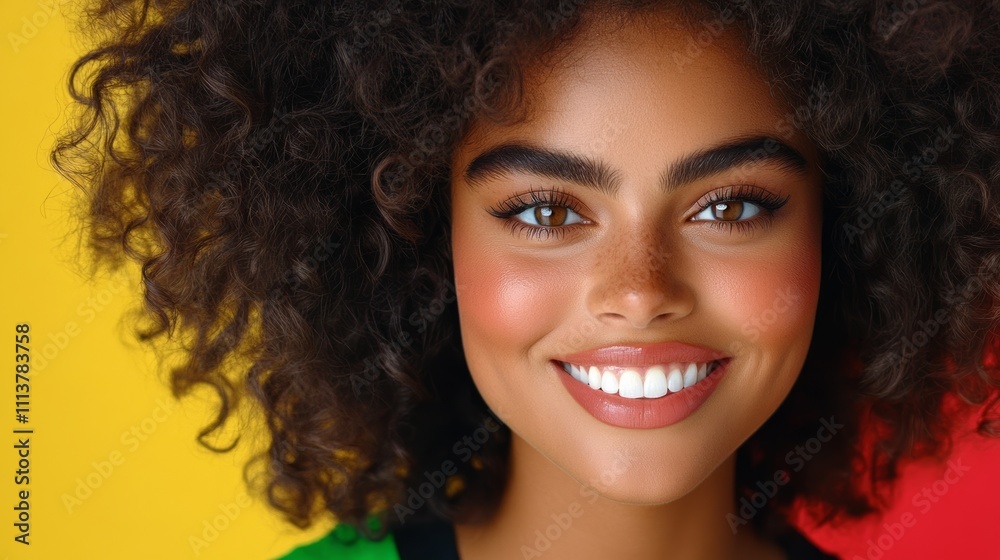 Woman with curly hair and a bright smile. She is wearing a green shirt. The image has a cheerful and positive mood Woman with curly hair and a bright smile. She is wearing a green shirt. The image has a cheerful and positive mood