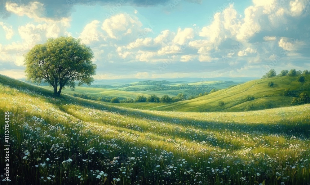 Fototapeta premium Serene Landscape of Rolling Green Hills Under Bright Blue Sky with Fluffy Clouds and Solitary Tree