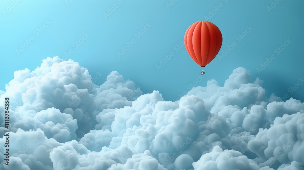 Fototapeta premium A Vibrant Hot Air Balloon Floating Gracefully Among Soft, Fluffy Clouds Under a Clear Blue Sky