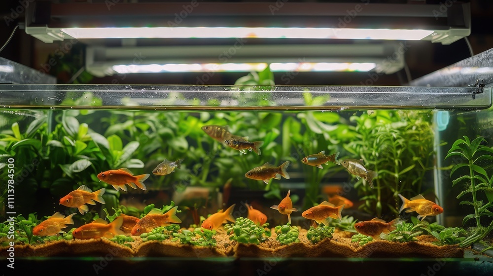 Vibrant Aquaponics Setup Showcasing a Diverse Community of Fish Amidst Lush Greenery Below Lights Vibrant Aquaponics Setup Showcasing a Diverse Community of Fish Amidst Lush Greenery Below Lights