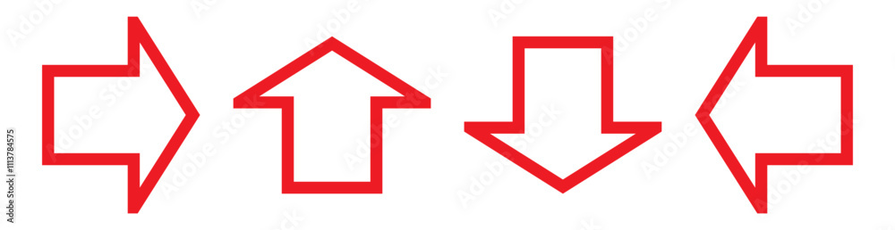 Outline red arrows icon set isolated on transparent background. Various packaging symbols. Motion pointers. Flat style logos. Information pointers. Wayfinding directions. Modern simple vector arrows Outline red arrows icon set isolated on transparent background. Various packaging symbols. Motion pointers. Flat style logos. Information pointers. Wayfinding directions. Modern simple vector arrows