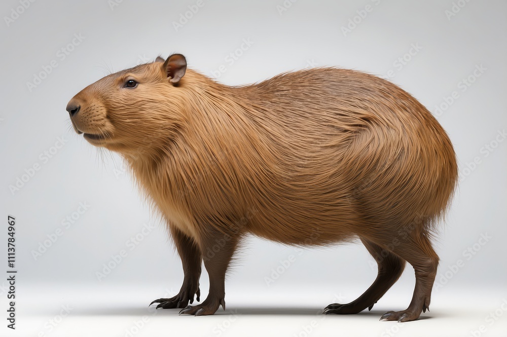 Fototapeta premium A reddish-brown capybara stands on a white background, facing left, showcasing its thick fur and robust build.