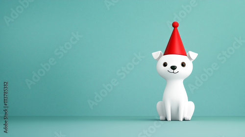 Cute cartoon dog wearing red party hat on turquoise background