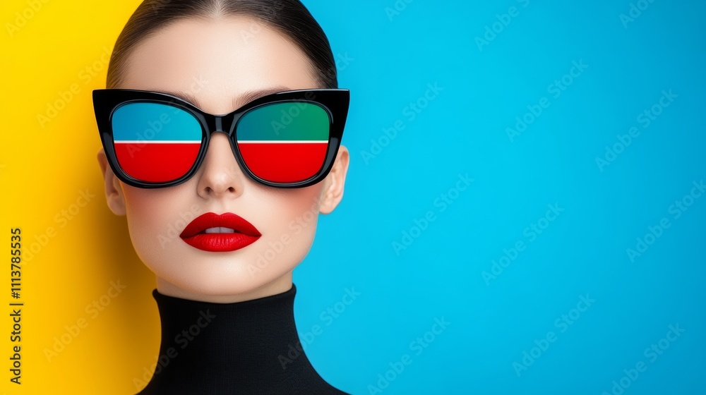 Woman wearing sunglasses with a red and blue striped flag in the background. The sunglasses are black and have a mirrored effect Woman wearing sunglasses with a red and blue striped flag in the background. The sunglasses are black and have a mirrored effect