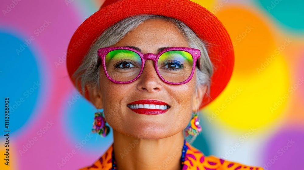Woman wearing a red hat and glasses is smiling. She is wearing a red dress and a necklace Woman wearing a red hat and glasses is smiling. She is wearing a red dress and a necklace
