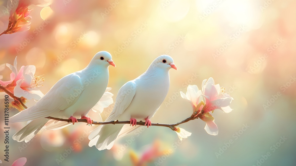 Two white doves perched on a branch with blossoms in a soft, dreamy background. Two white doves perched on a branch with blossoms in a soft, dreamy background.