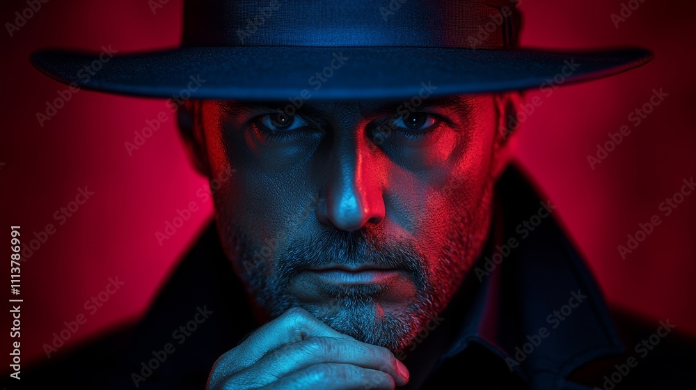 Man wearing a black hat and a black coat is looking at the camera. The image has a moody and mysterious feel to it, as the man's expression and the hat's design suggest a sense of intrigue Man wearing a black hat and a black coat is looking at the camera. The image has a moody and mysterious feel to it, as the man's expression and the hat's design suggest a sense of intrigue