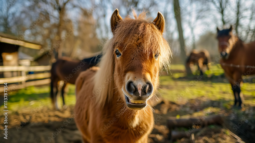 Fototapeta premium Little Horse Smiling: A small horse at a Latvian zoo, showing its teeth and smiling, creating a humorous and charming animal face.