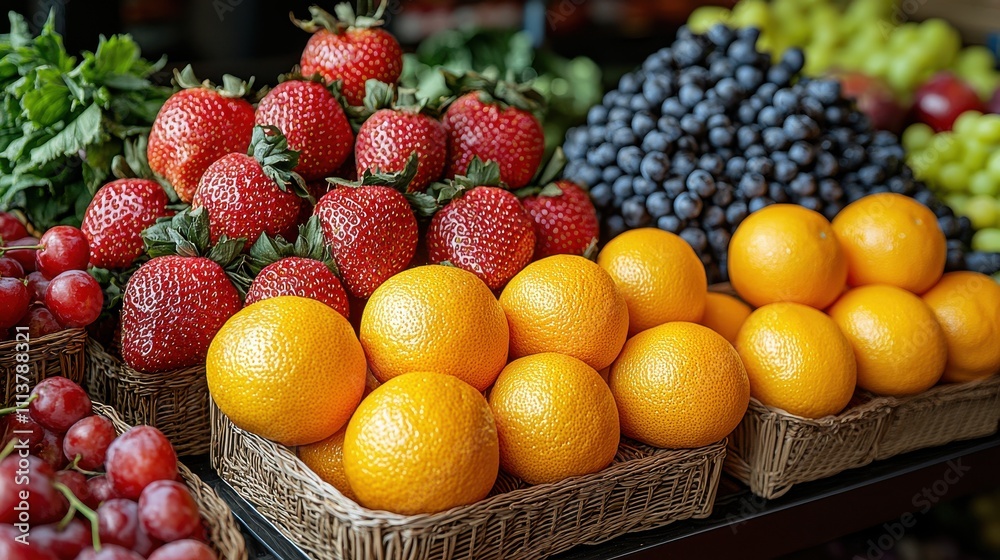 Fresh strawberries, blueberries, and oranges displayed in a vibrant market setting during daylight hours Fresh strawberries, blueberries, and oranges displayed in a vibrant market setting during daylight hours