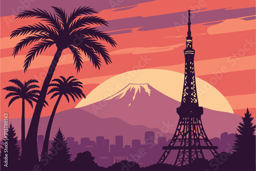Illustrator Artwork of landscape and paysage nature and mountain and sky, clouds, lakes with nice view paris