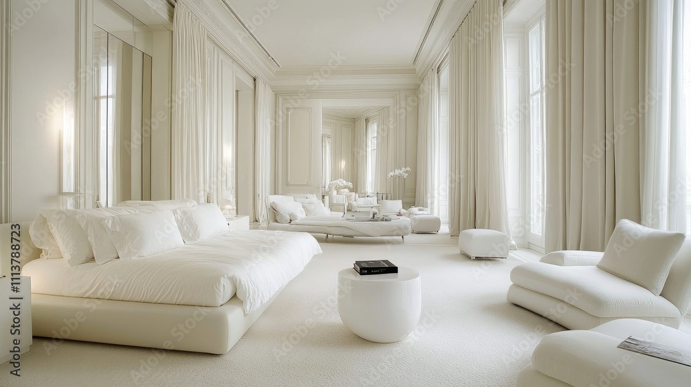 A spacious white bedroom showcasing a blend of textures, from soft linens to sleek furniture, creating a balanced and harmonious design A spacious white bedroom showcasing a blend of textures, from soft linens to sleek furniture, creating a balanced and harmonious design