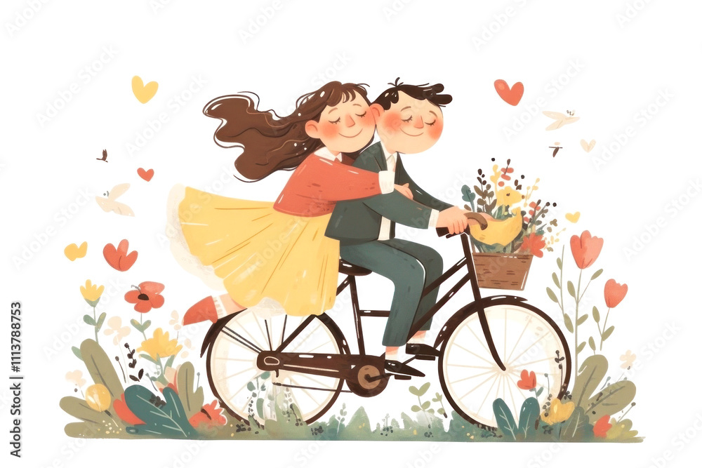 couple enjoying a whimsical bike ride through a floral wonderland couple enjoying a whimsical bike ride through a floral wonderland
