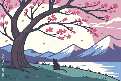 Illustrator Artwork of landscape and paysage nature and mountain and sky, clouds, lakes with nice view pink japan