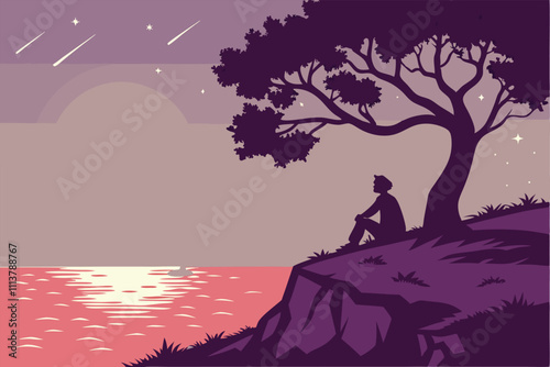 Illustrator Artwork of landscape and paysage nature and mountain and sky, clouds, lakes with nice view star man
