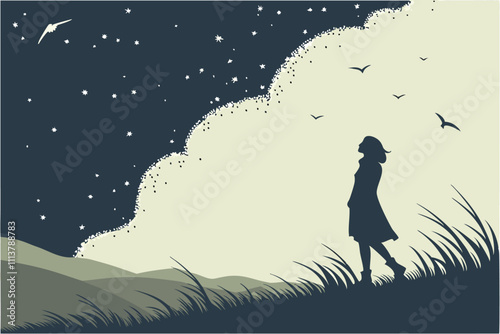 Illustrator Artwork of landscape and paysage nature and mountain and sky, clouds, lakes with nice view woman