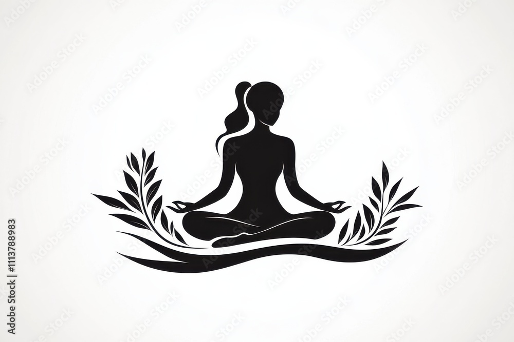 A silhouette of a woman meditating in a lotus pose. Graceful floral elements surround her, adding a sense of balance and peace. Minimalist black and white style with an elegant design. Generated by AI A silhouette of a woman meditating in a lotus pose. Graceful floral elements surround her, adding a sense of balance and peace. Minimalist black and white style with an elegant design. Generated by AI