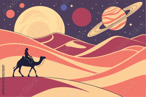 Illustrator Artwork of landscape and paysage nature and mountain and sky, clouds, lakes with nice view sahara camel