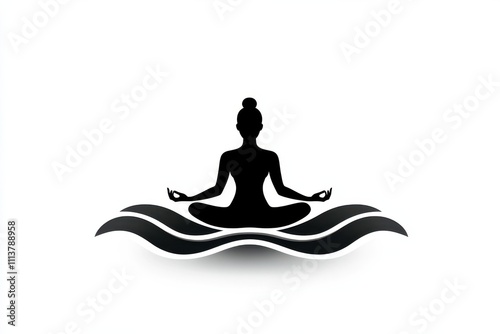 Black linear logo of a meditating figure with abstract waves on a white background. Minimalistic and artistic design..Creative emblem, symbolizing tranquility and mindfulness. Generated by AI photo