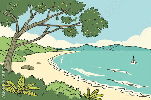 Illustrator Artwork of landscape and paysage nature and mountain and sky, clouds, lakes with nice view beach