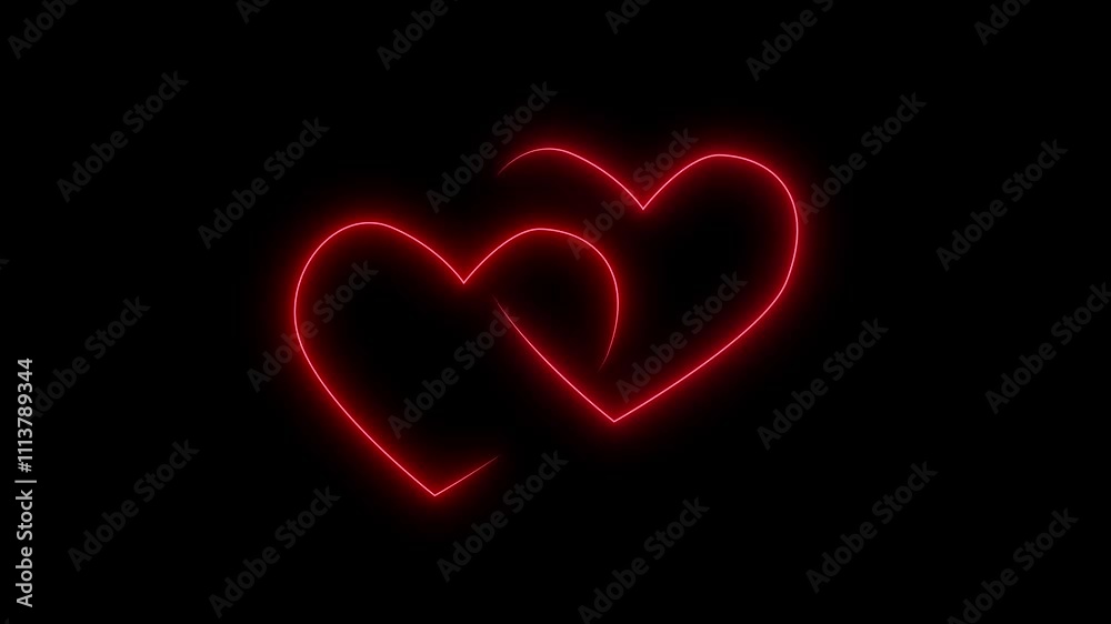 animated video couple heart shape, bright red neon color isolated on black background. Futuristic neon light effect, empty copy space.  4K motion graphic