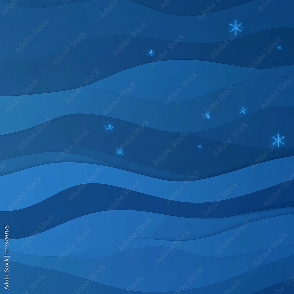 Abstract blue wavy background with snowflakes.