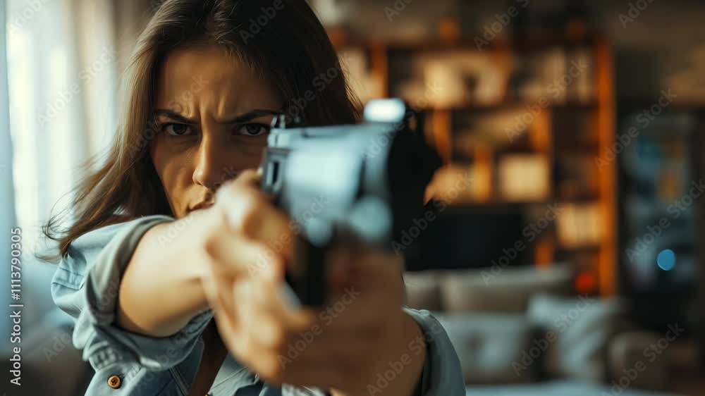Woman aiming handgun with focus in a living room setting during a tense moment Woman aiming handgun with focus in a living room setting during a tense moment