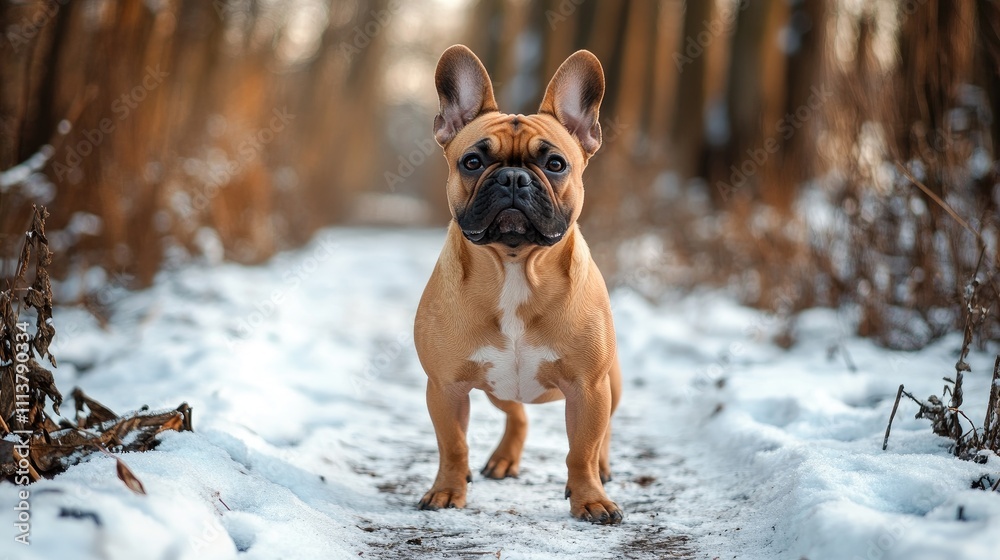 French bulldog standing on snowy path in winter forest