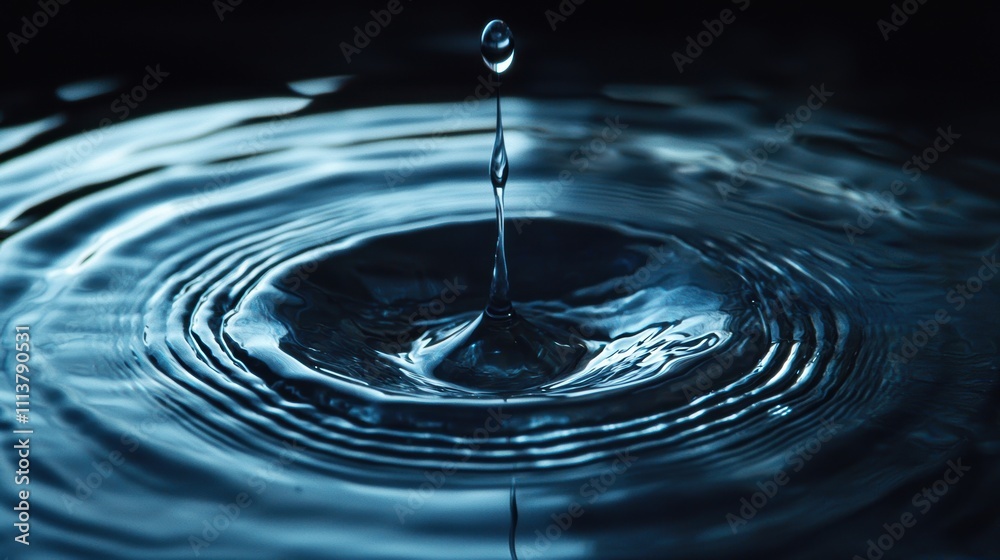 Droplet Creating Ripples in Dark Water Surface Under Soft Light Droplet Creating Ripples in Dark Water Surface Under Soft Light