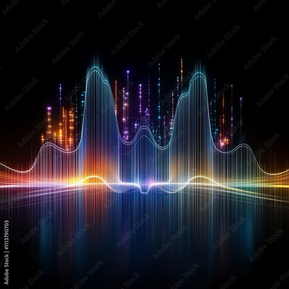 Fototapeta premium Abstract colorful digital waveform with city skyline reflection.
