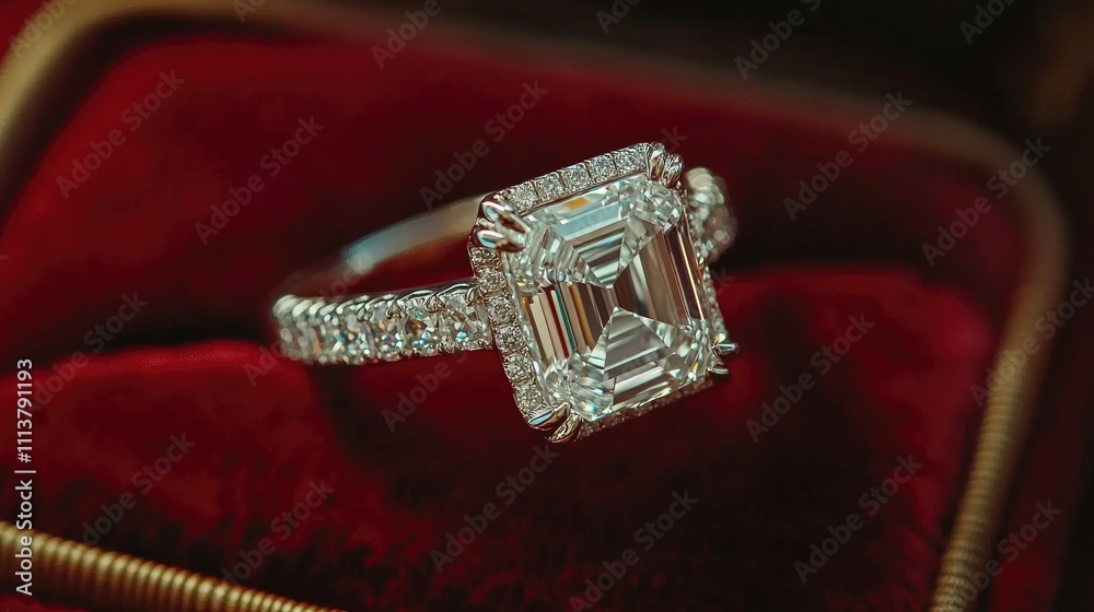 A stunning close-up of a sparkling diamond ring, showcasing its intricate details and brilliant facets against a luxurious velvet backdrop, capturing the essence of elegance A stunning close-up of a sparkling diamond ring, showcasing its intricate details and brilliant facets against a luxurious velvet backdrop, capturing the essence of elegance
