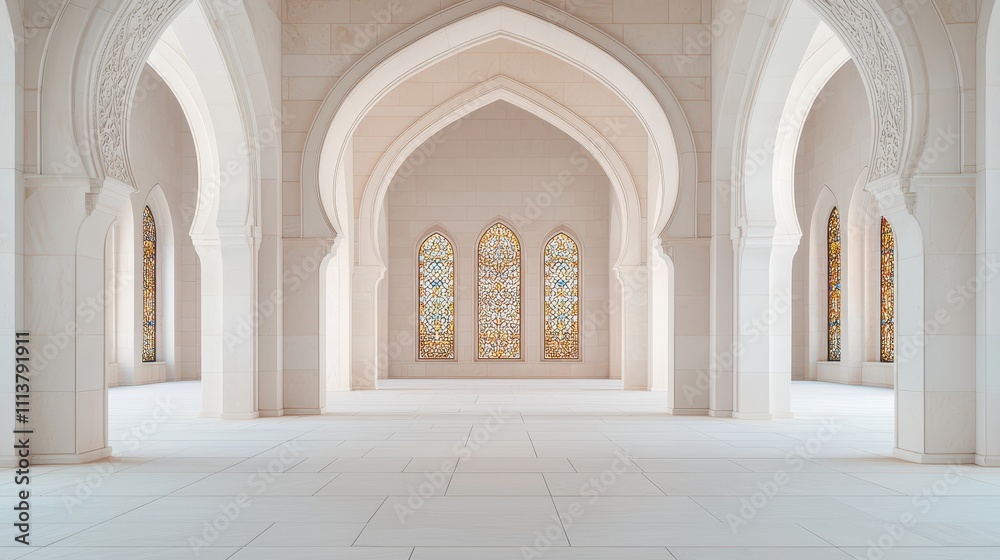 Fototapeta premium Serene architectural beauty interior mosque photography minimalist design bright natural light tranquil atmosphere