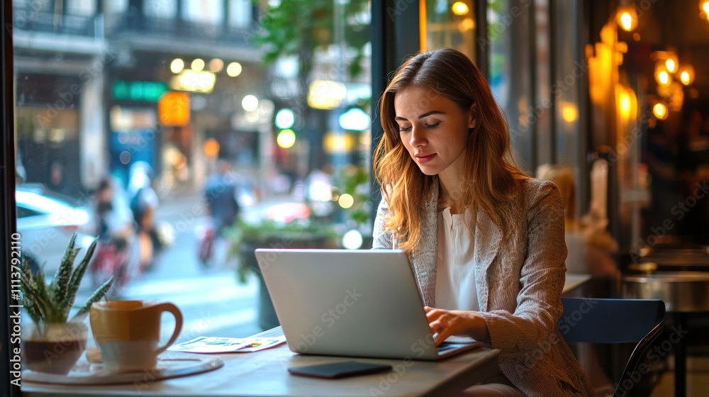 Woman Working on Laptop in Modern Café with Urban Background Woman Working on Laptop in Modern Café with Urban Background