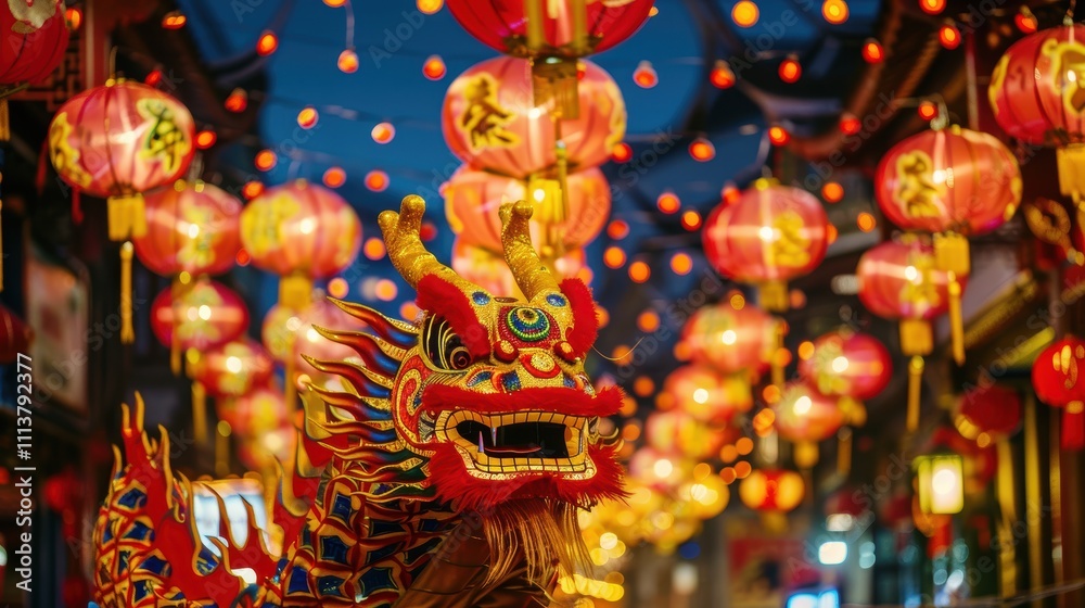 Vibrant Dragon Sculpture Surrounded by Festive Lanterns at Night