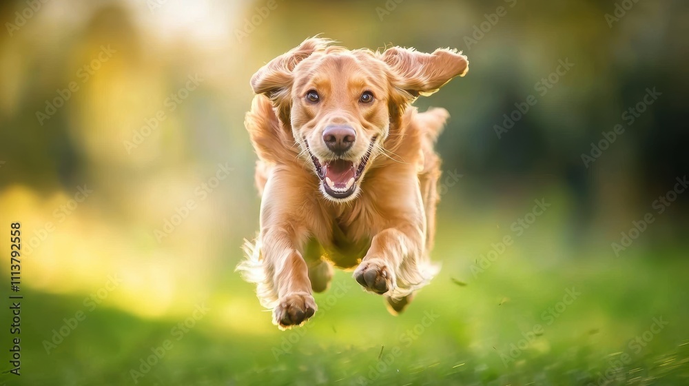 Happy Golden Retriever Running Playfully Through Green Field Happy Golden Retriever Running Playfully Through Green Field