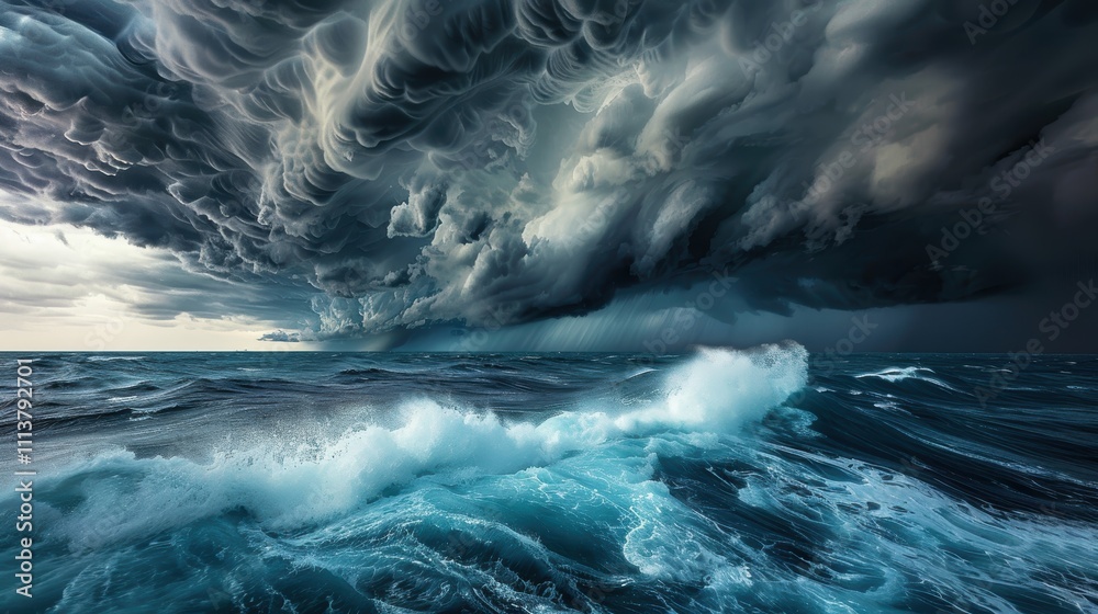 Dramatic Storm Clouds Over Rough Ocean Waves in Moody Landscape Dramatic Storm Clouds Over Rough Ocean Waves in Moody Landscape
