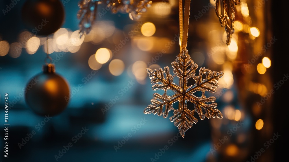Sparkling Snowflake Ornament Hangs Among Festive Lights Sparkling Snowflake Ornament Hangs Among Festive Lights