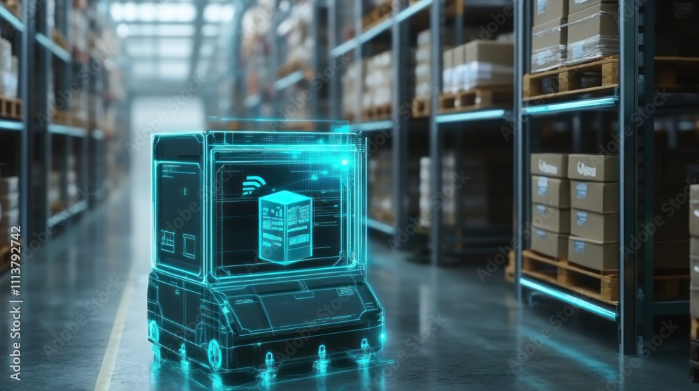 Futuristic delivery robot in a warehouse setting Futuristic delivery robot in a warehouse setting